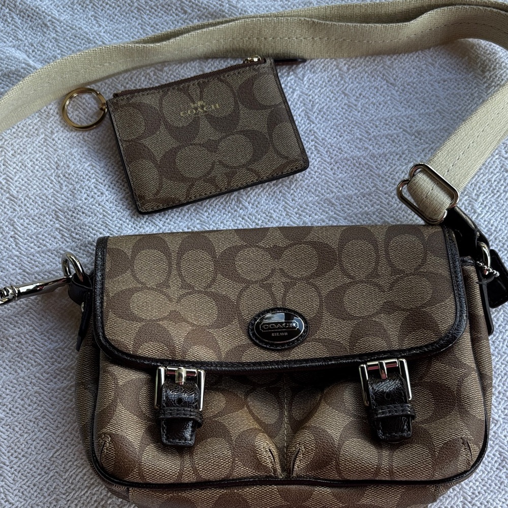 Coach Tan and Brown Signature Bag with Coin Pouch